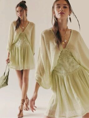Free People Bohemian Ethereal Cottage Sweet Dreams Mini Dress Frozen Dew Large